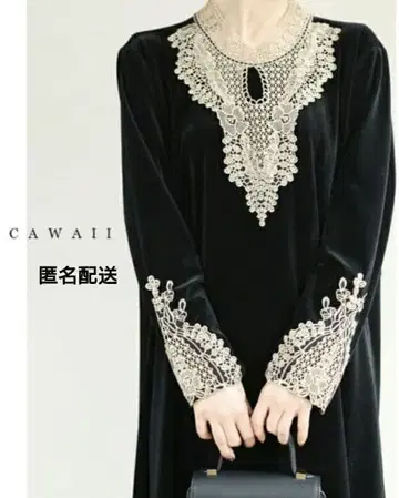 CAWAII 블랙 벨로아 느낌 레이스 긴팔 미디엄 원피스