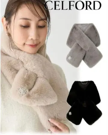 CELFORD 셀포드 브로치 부착 인조 모피 스톨 라이트 베이지