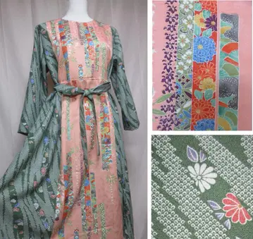 기모노 리메이크 코몬 폴리에스테르 긴팔 롱 원피스 그린과 핑크 스트라이프