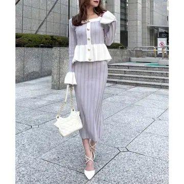 ROYAL PARTY 턱 리브 페플럼 니트 타이트 스커트 셋업