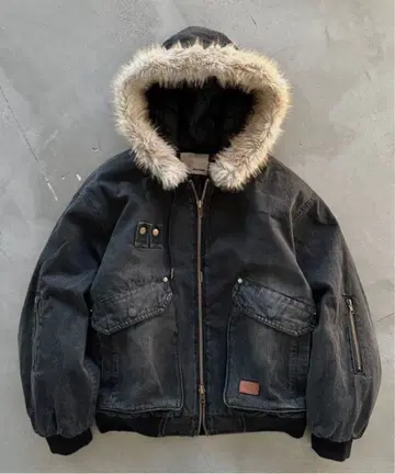 perushu 빈티지 데님 후드 퍼 블루종