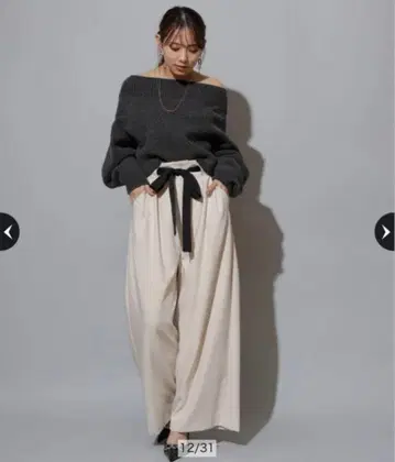 마이 스트라다 리본 벨트 와이드 팬츠 크림