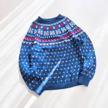 빈티지 꽃무늬 노르딕 핸드 니트 블루 P