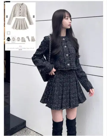 트위드 자켓 x 플리츠 미니 스커트 셋업
