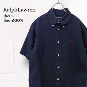 랄프 로렌 반팔 셔츠 린넨 100% 빨간색 포니 네이비 남성용 M 상당