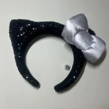 키티 머리띠 블랙 실버 리본 포함