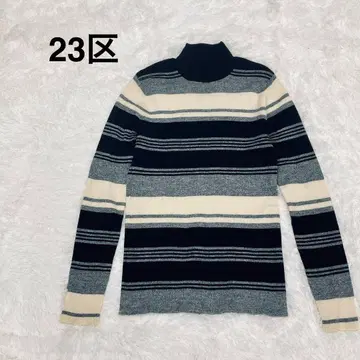 23KU 보더 하이넥 스웨터 M 울 100% 화이트 블랙 그레이