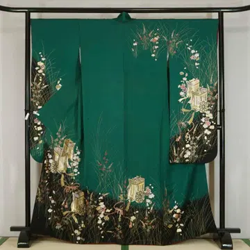 선명한 녹색 비취색 금채 어가 정견 후리소데 160cm a765