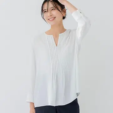 [세탁 가능] 백 새틴 암젠 키 넥 블라우스 *택 포함 새상품*