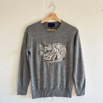 고양이 네코 자수 그레이 긴팔 니트 이너