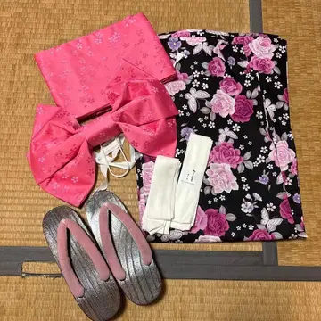 유카타 오비 일본 나막신 세트 블랙 베이스 꽃무늬