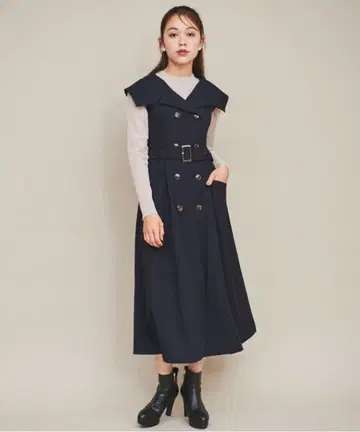 베스트풍 롱 트렌치 원피스 네이비