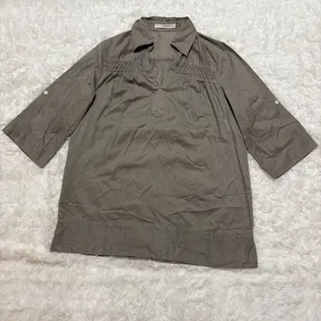 Style com 여성용 7부 소매 블라우스 M 면 코튼 카키 무지