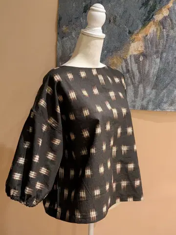 순수 실크 미사용 옷감 카스리 무늬 기모노 리메이크 7부 소매 풀오버