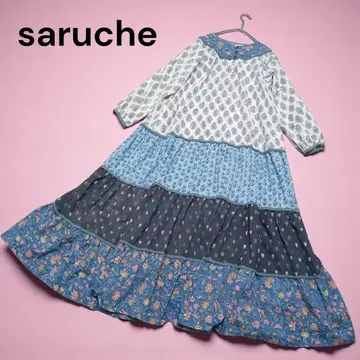 사루체 롱 원피스 티어드 인도 면 블록 프린트 올 패턴