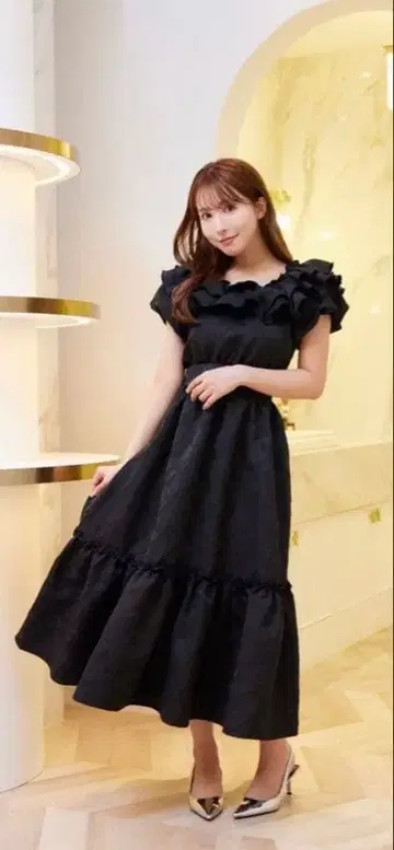 Mistreass 미 리본 자카드 티어드 프릴 드레스