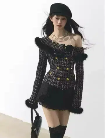 한국 스타일 트위드 퍼 셋업 겨울 코디 미사용 새상품 까멜리아 포함