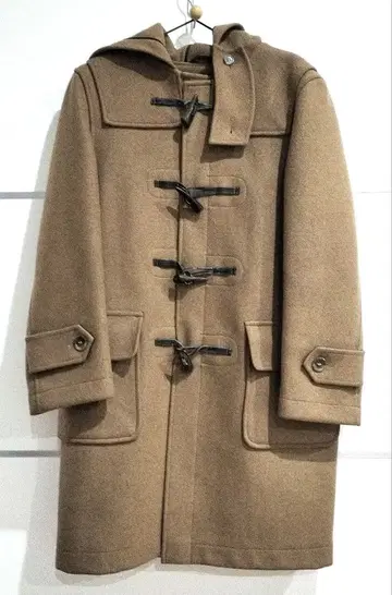 울 100% 캐러멜 브라운 더플 코트 후드 부착