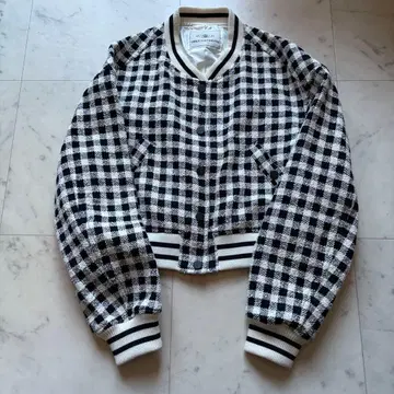 그레이스 콘티넨탈 트위드 노카라 블루종 체크