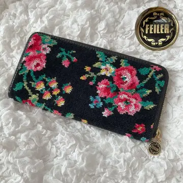 하자품 새상품급 FEILER 페이러 장지갑 꽃무늬 라운드 지퍼 블랙 금