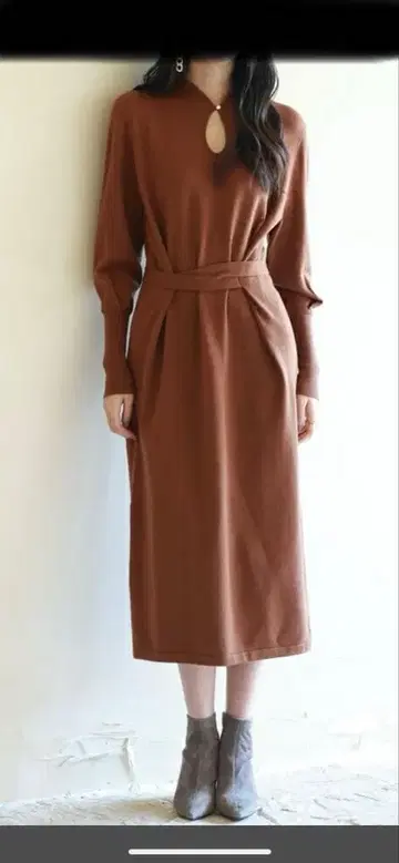 하이 게이지 니트 원피스 브라운