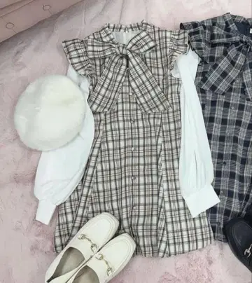 evelyn 체크 프릴 셋업 베이지 원피스