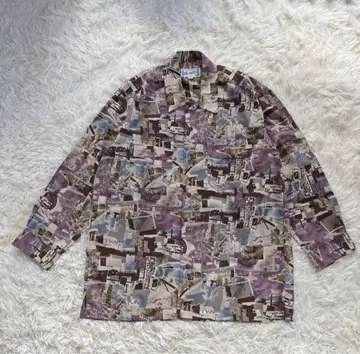 구제 레트로 올 패턴 긴팔 셔츠 남성용 L 아트 프린트 빈티지