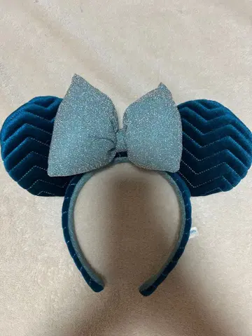 미키 귀 머리띠 다크 블루 실버 리본