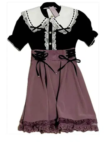 사다리 레이스 리본 블라우스 레이스업 밑단 시스루 스커트 세트