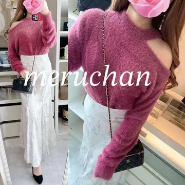 [새상품급] 코디 세트 원숄더 샤기 니트 & 마블 패턴 플레어 스커트