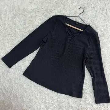 SHIEIN 레이스업 리브 긴팔 무지 v넥 블랙 ( 3L )