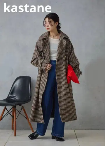 새상품급 카스타네 울 혼방 하이넥 롱 코트 사이즈 1 체크 M