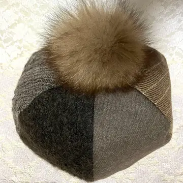 새상품급 CA4LA 카시라 퍼 포함 패치워크 베레모 브라운 계열 일본제