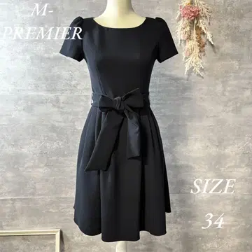 M-PREMIER 플레어 원피스 포멀 리본 블랙 반팔 34