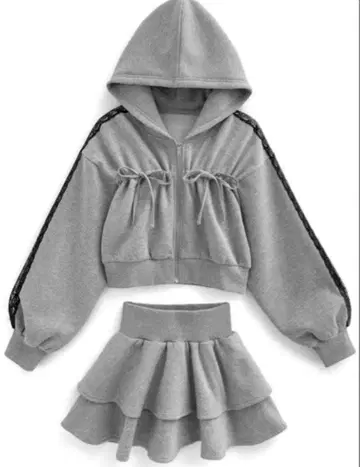 리본 후드티 x 미니 스커트 맨투맨 셋업[pm742]