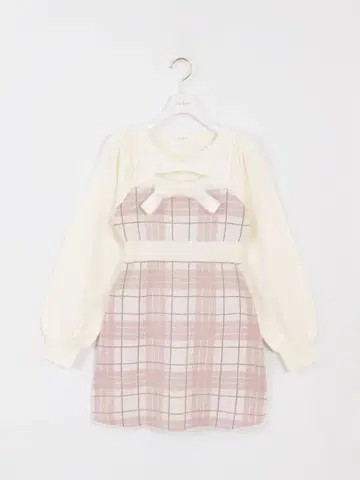 evelyn 체크 무늬 리본 포함 원피스 화이트/핑크