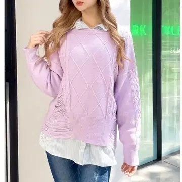 GYDA 제이다 크러쉬 LOOSE 니트탑 퍼플 데미지 가공