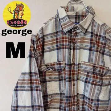 USA 구제 의류 george 플란넬 셔츠 M 화이트 브라운 체크