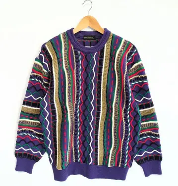 빈티지 3D 니트 스웨터 울 혼방 레트로 올 패턴 멀티 컬러 일본제