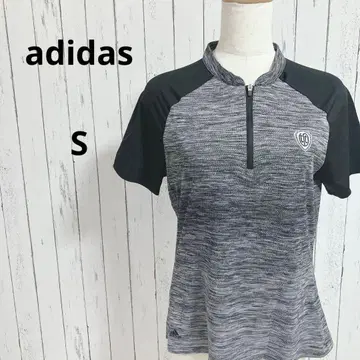 아디다스 반팔 T셔츠 로고 스포츠 하프 지퍼 상의 S 화이트 블랙