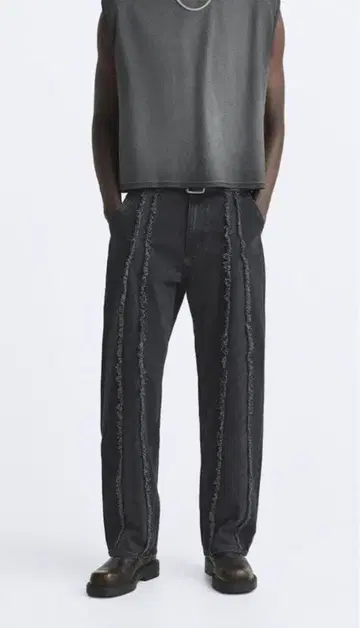 다크 그레이 프린지 와이드 데님 팬츠