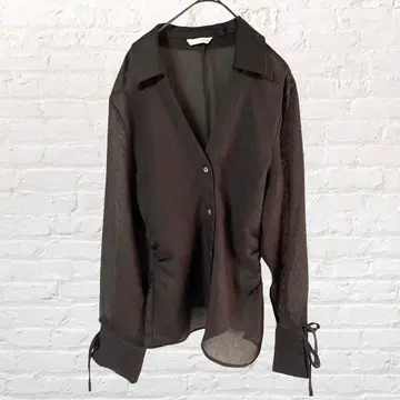 11934 ZARA 세미 시스루 리본 셔츠 시어 브라운 비침 XS