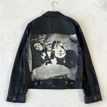 택 포함 새상품 아그네스 베 프린트 백 전사 데님 자켓 블랙 S