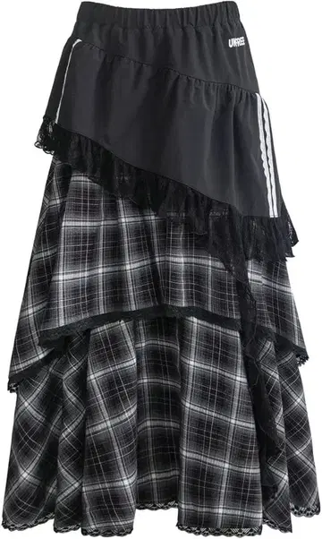 지뢰계 롱 스커트 레이스 체크 패치워크 고스로리 한국 스타일