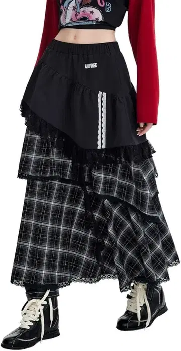 지뢰계 롱 스커트 레이스 체크 패치워크 고스로리 한국 스타일
