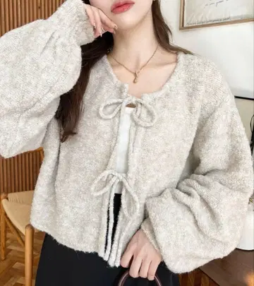 전후 2WAY 부클 니트 리본 가디건