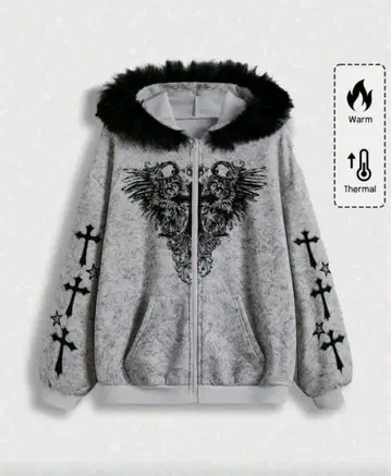 ROMWE 그레이 후드티 퍼 포함 지뢰계 Y2K