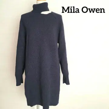 미라 오웬 원피스 니트 원피스 터틀넥 어깨 트임 네이비