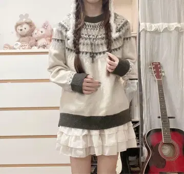 모리걸 레트로 모헤어 아가일 무늬 니트 상의