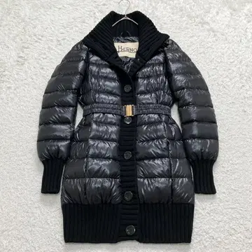 컨디션 최상 헤르노 라이트 다운 자켓 니트 절개 벨트 블랙 L